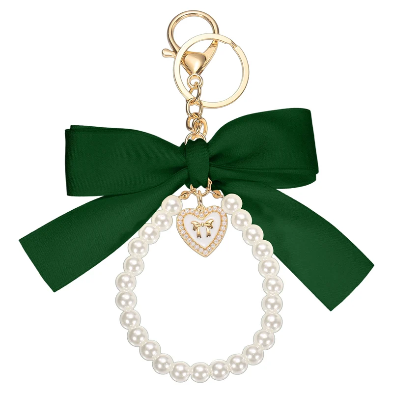 Ribbon Bow Keychain Pearl Wristlet Keychain Heart Pendant, Green