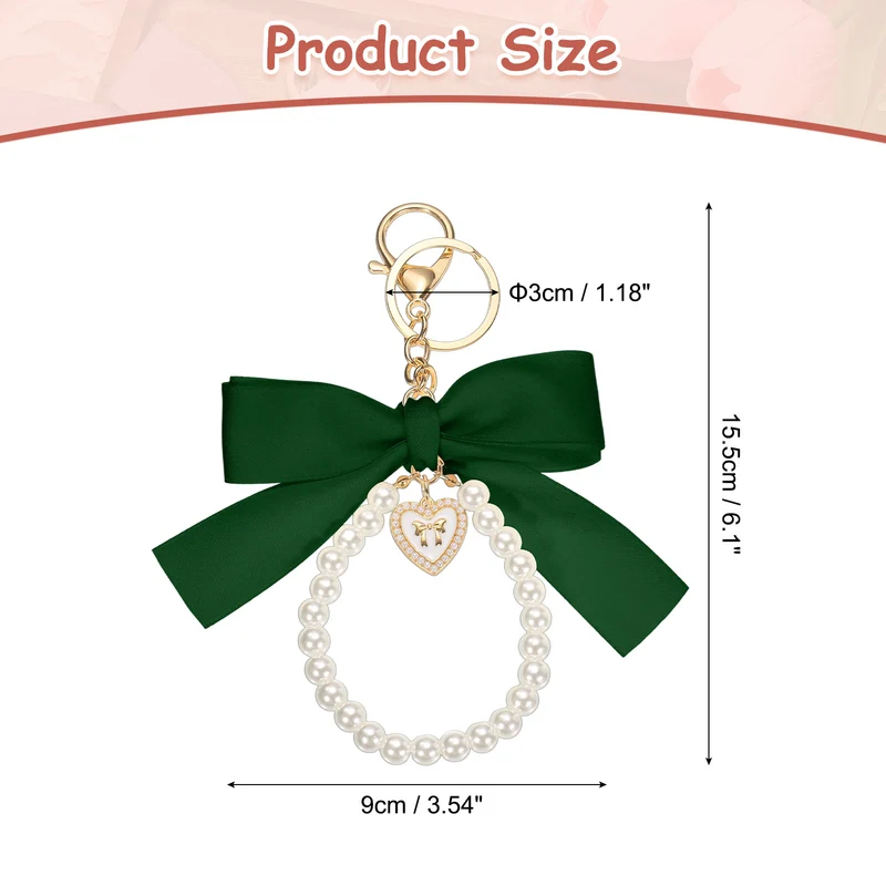 Ribbon Bow Keychain Pearl Wristlet Keychain Heart Pendant, Green