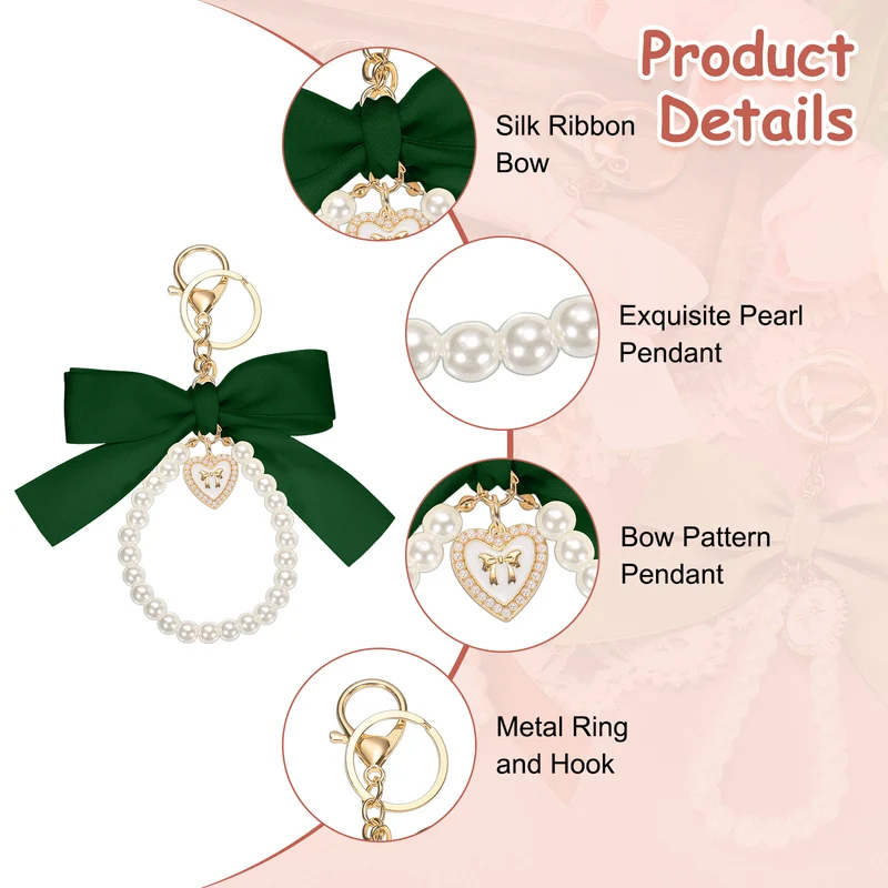 Ribbon Bow Keychain Pearl Wristlet Keychain Heart Pendant, Green