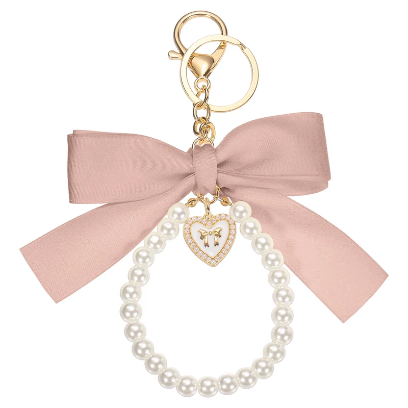 Ribbon Bow Keychain Pearl Wristlet Keychain Heart Pendant Pink]