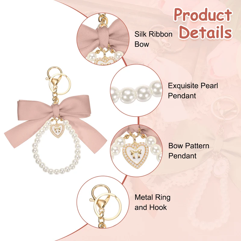 Ribbon Bow Keychain Pearl Wristlet Keychain Heart Pendant Pink]