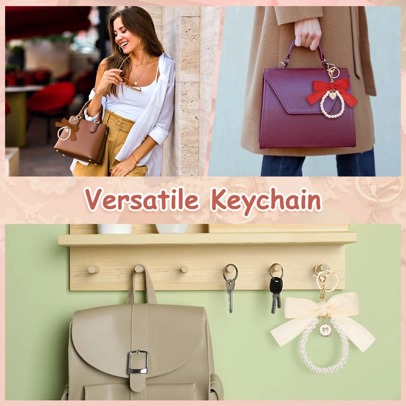 Ribbon Bow Keychain Pearl Wristlet Keychain Heart Pendant Champagne Gold