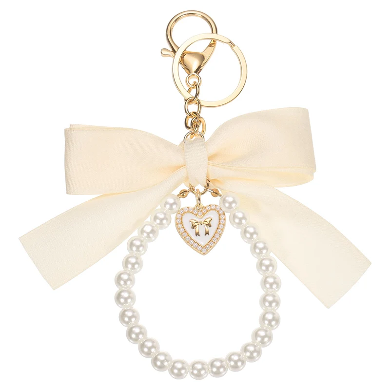 Ribbon Bow Keychain Pearl Wristlet Keychain Heart Pendant Beige
