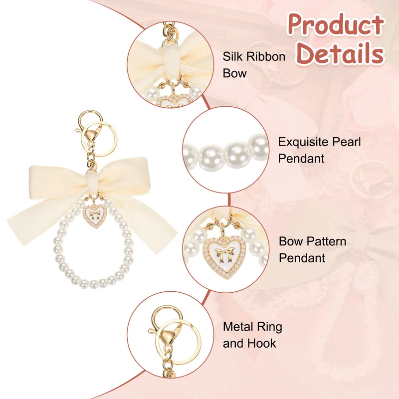 Ribbon Bow Keychain Pearl Wristlet Keychain Heart Pendant Beige