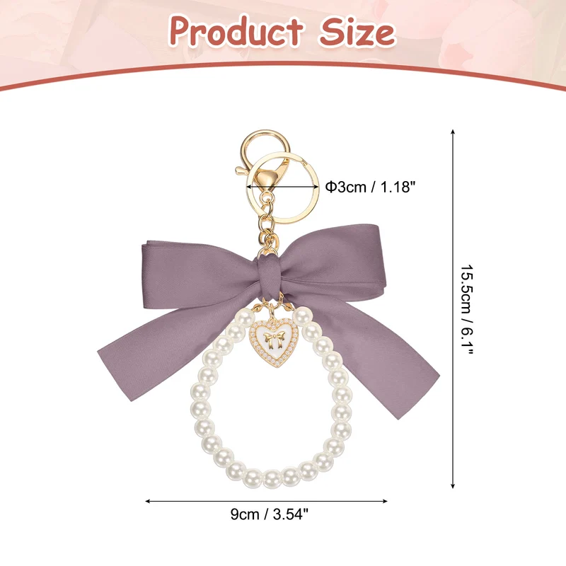Ribbon Bow Keychain Pearl Wristlet Keychain Heart Pendant Purple