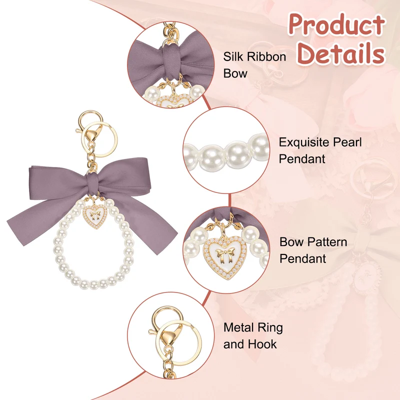 Ribbon Bow Keychain Pearl Wristlet Keychain Heart Pendant Purple