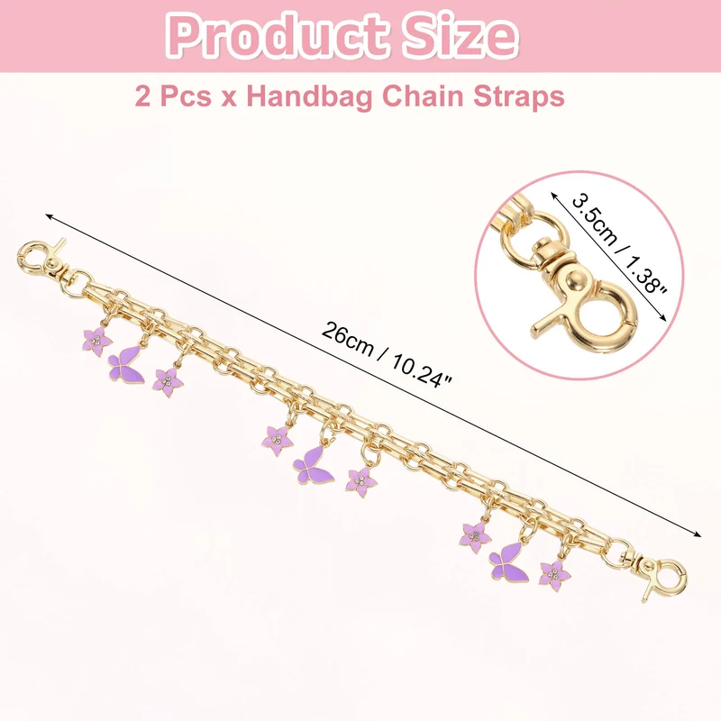 2Pcs 10" Flowers Butterfly Pendant Handbag Chain Straps, Purple