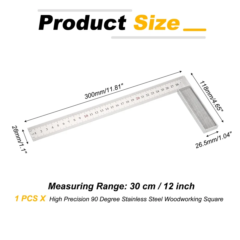 12" High Precision 90 Degree Stainless Steel Woodworking Square, Silver