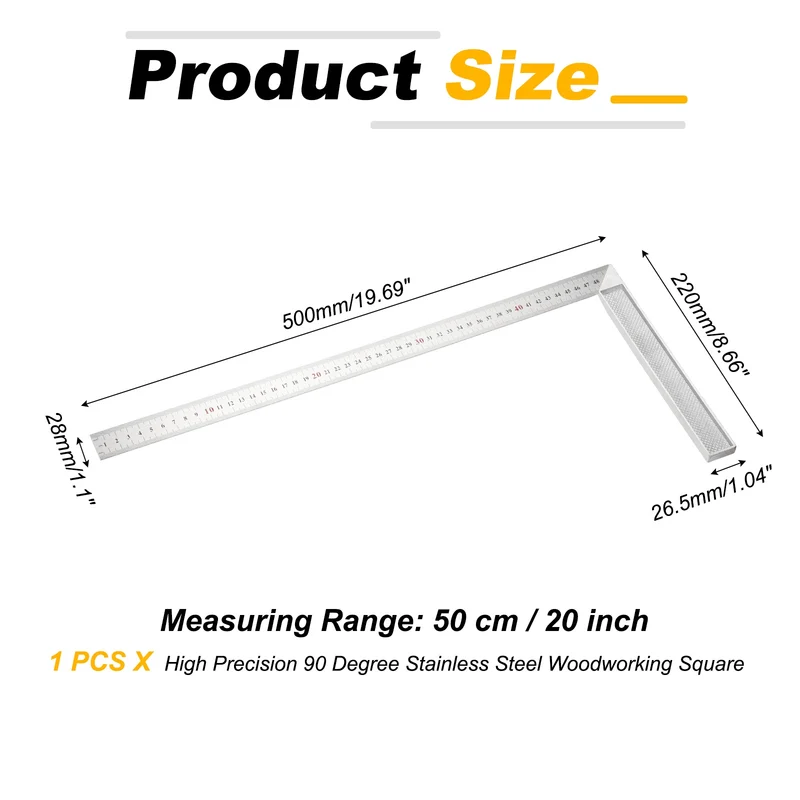 20" High Precision 90 Degree Stainless Steel Woodworking Square, Silver