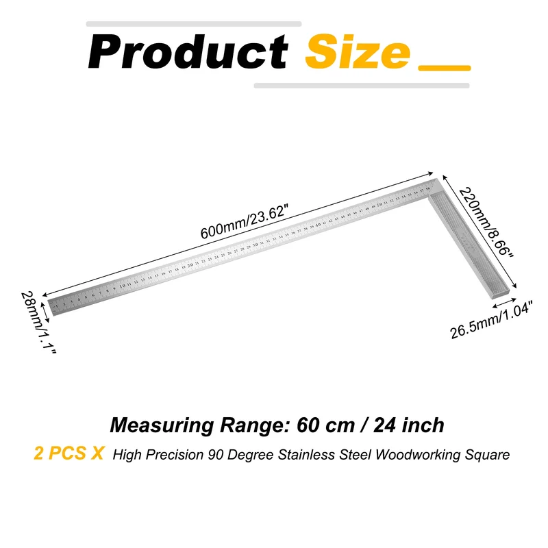 2Pcs 24" High Precision 90 Degree Stainless Steel Woodworking Square, Silver