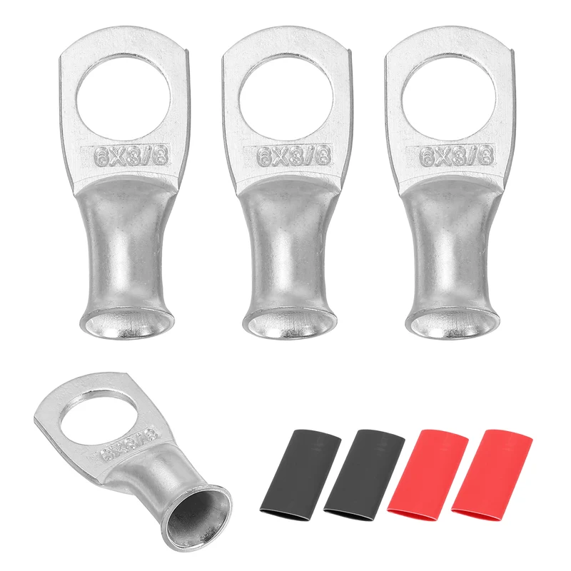 4 Pcs 3/8" Stud 6AWG Battery Lug Ring Terminal with 4pcs Heat Shrink, Silver