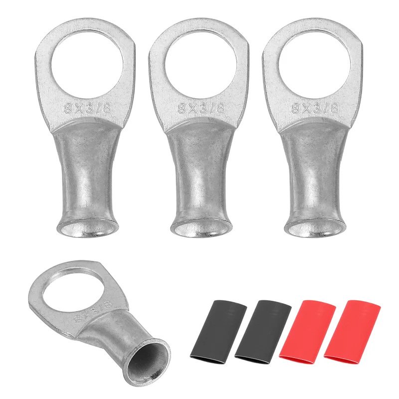 4 Pcs 3/8" Stud 8AWG Battery Lug Ring Terminal with 4pcs Heat Shrink, Silver