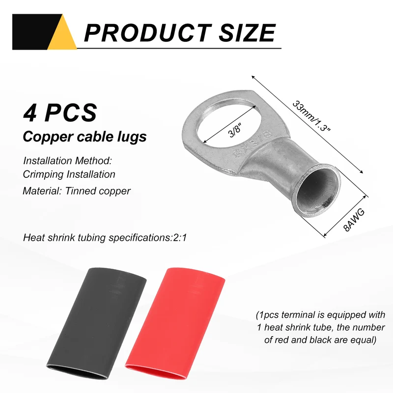 4 Pcs 3/8" Stud 8AWG Battery Lug Ring Terminal with 4pcs Heat Shrink, Silver