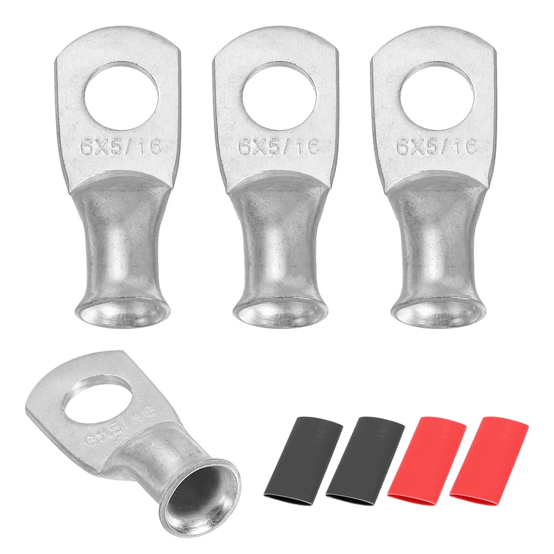 4 Pcs 5/16" Stud 6AWG Battery Lug Ring Terminal with 4pcs Heat Shrink, Silver