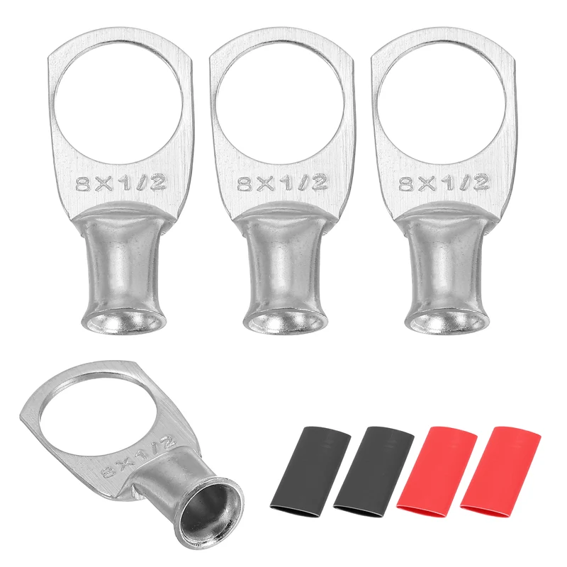 4 Pcs 1/2" Stud 8AWG Battery Lug Ring Terminal with 4pcs Heat Shrink, Silver