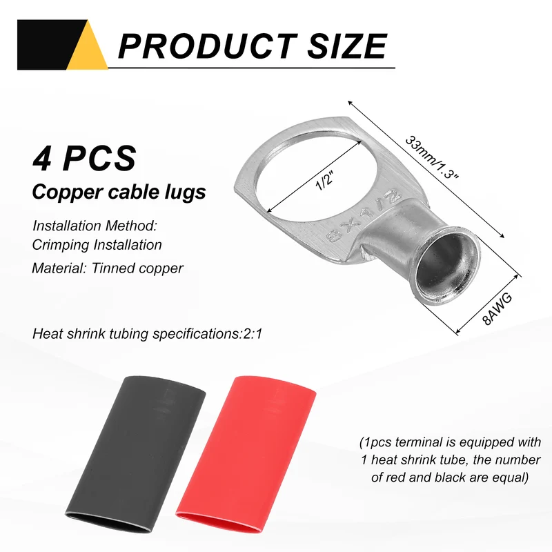 4 Pcs 1/2" Stud 8AWG Battery Lug Ring Terminal with 4pcs Heat Shrink, Silver
