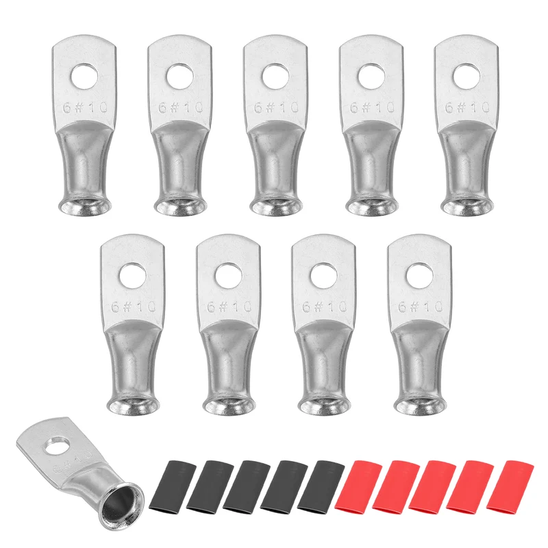 10 Pcs #10 Stud 6AWG Battery Lug Ring Terminal with 10pcs Heat Shrink, Silver