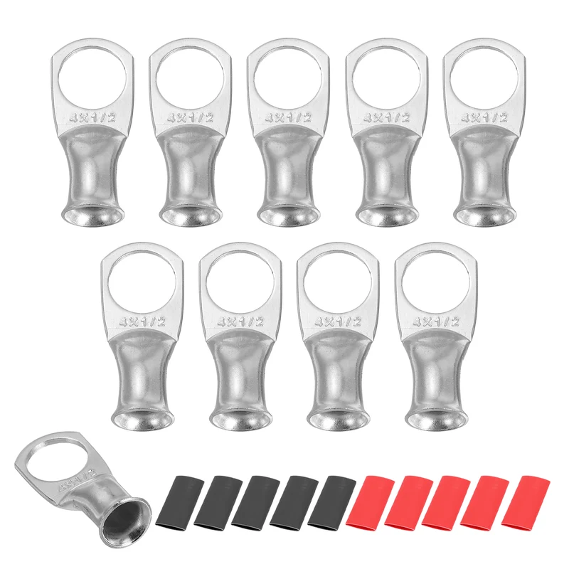 10 Pcs 1/2" Stud 4AWG Battery Lug Ring Terminal with 10pcs Heat Shrink, Silver