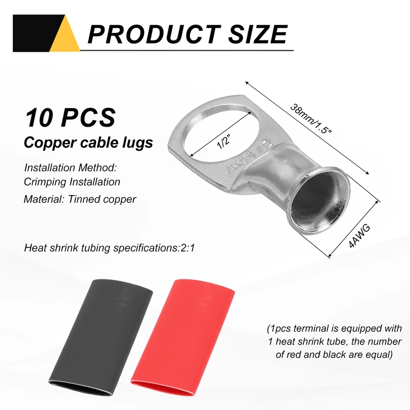 10 Pcs 1/2" Stud 4AWG Battery Lug Ring Terminal with 10pcs Heat Shrink, Silver