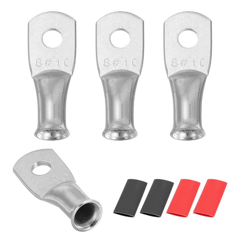 4 Pcs #10 Stud 8AWG Battery Lug Ring Terminal with 4pcs Heat Shrink, Silver