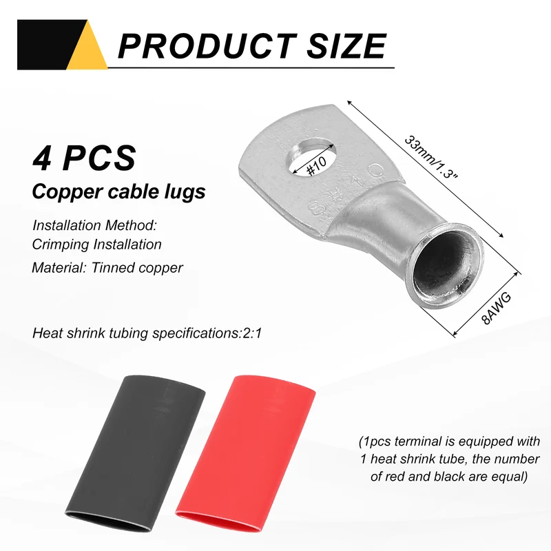 4 Pcs #10 Stud 8AWG Battery Lug Ring Terminal with 4pcs Heat Shrink, Silver