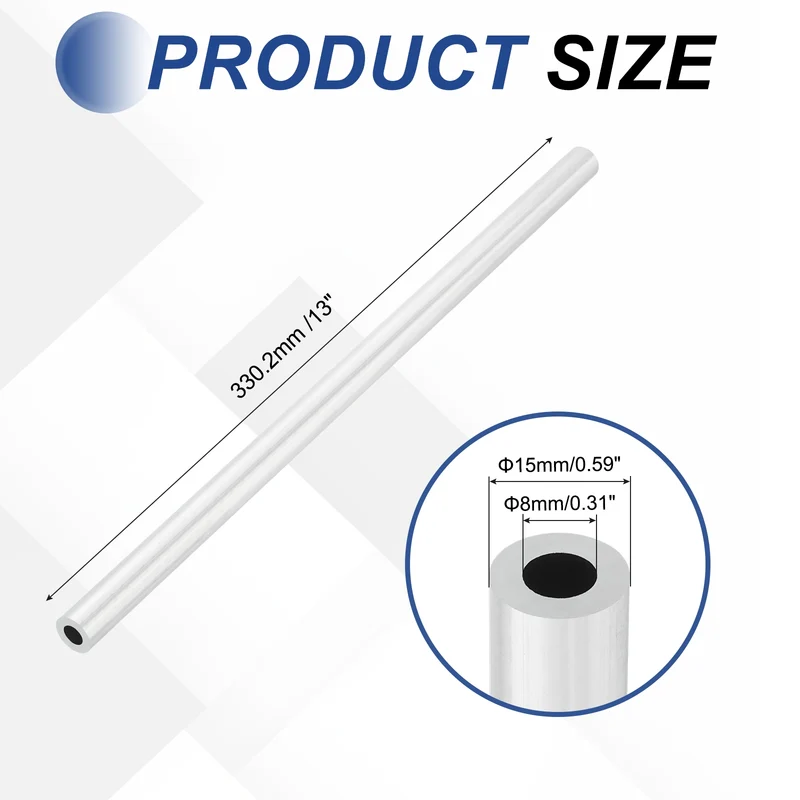 6063 Aluminum Tubing Round Tube 15mm ODx8mm ID 13"Metal Straight Pipe Silver