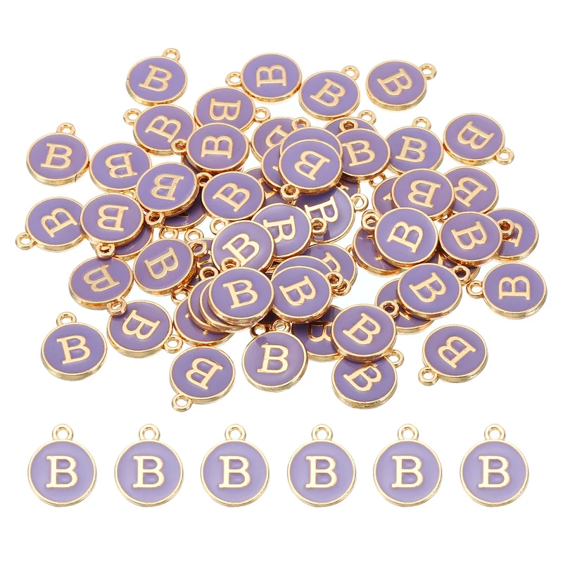 Letter Charm B, 60Pcs Double Sided Alphabet Initial Charm Pendants Beads Purple