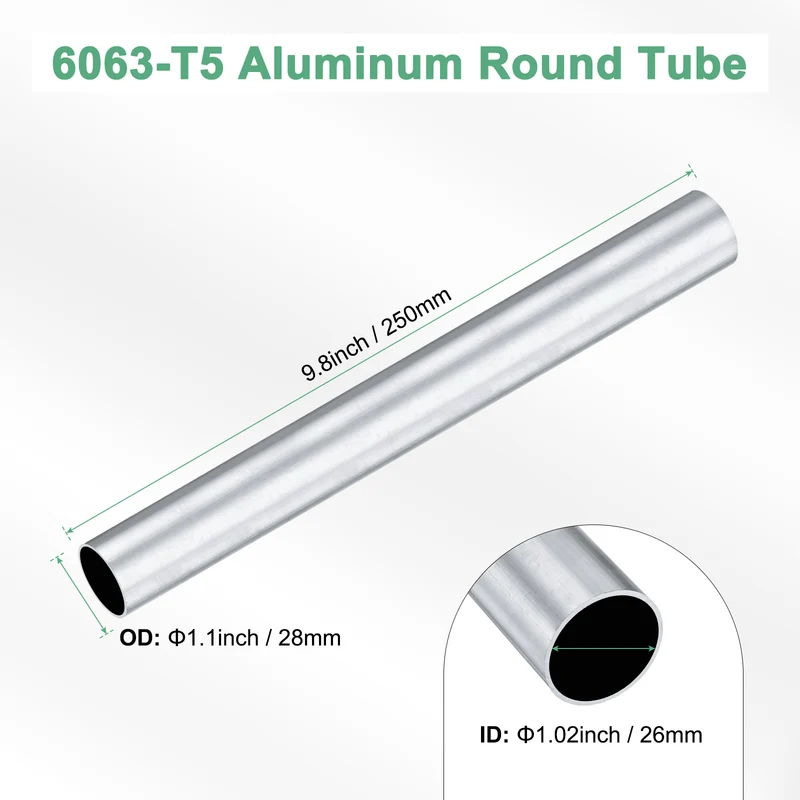 1-Pack 6063 Aluminum Round Tube, 26mmx28mm(IDxOD) 250mm Length Straight Tubing