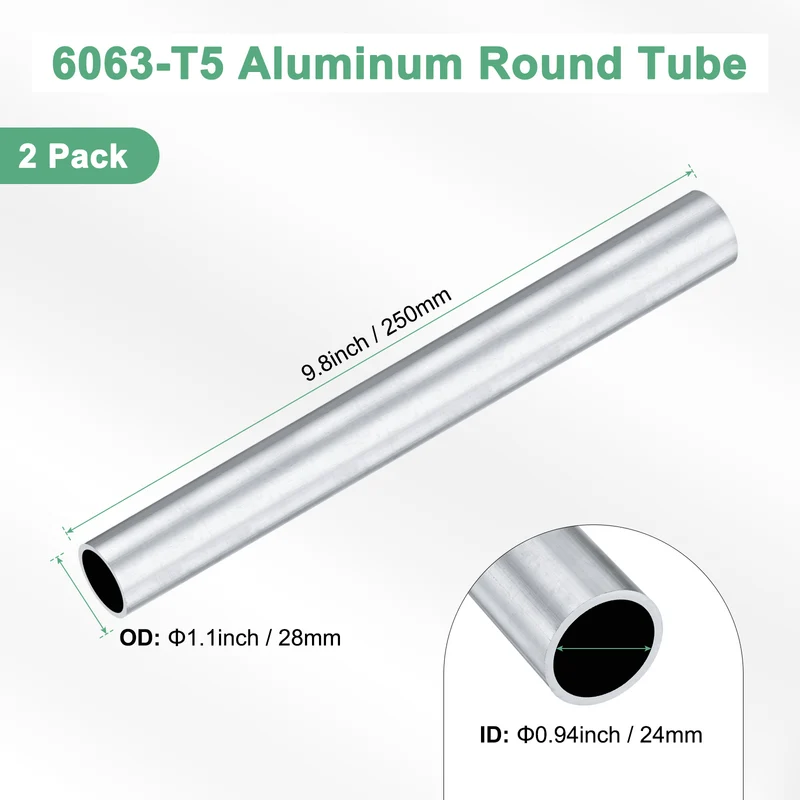 2-Pack 6063 Aluminum Round Tube, 24mmx28mm(IDxOD) 250mm Length Straight Tubing