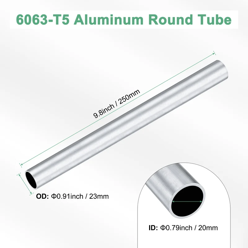 1-Pack 6063 Aluminum Round Tube, 20mmx23mm(IDxOD) 250mm Length Straight Tubing