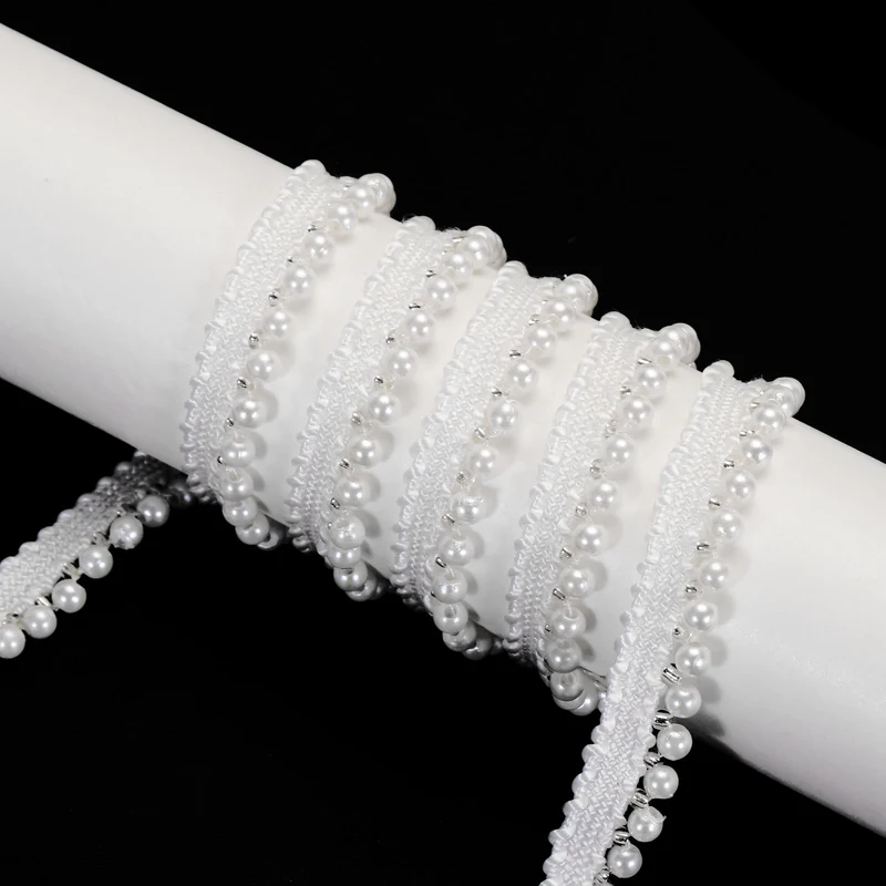 5 Yards Faux Pearls Lace Ribbon Pearl Bead Tassel for Wedding 10mm White
