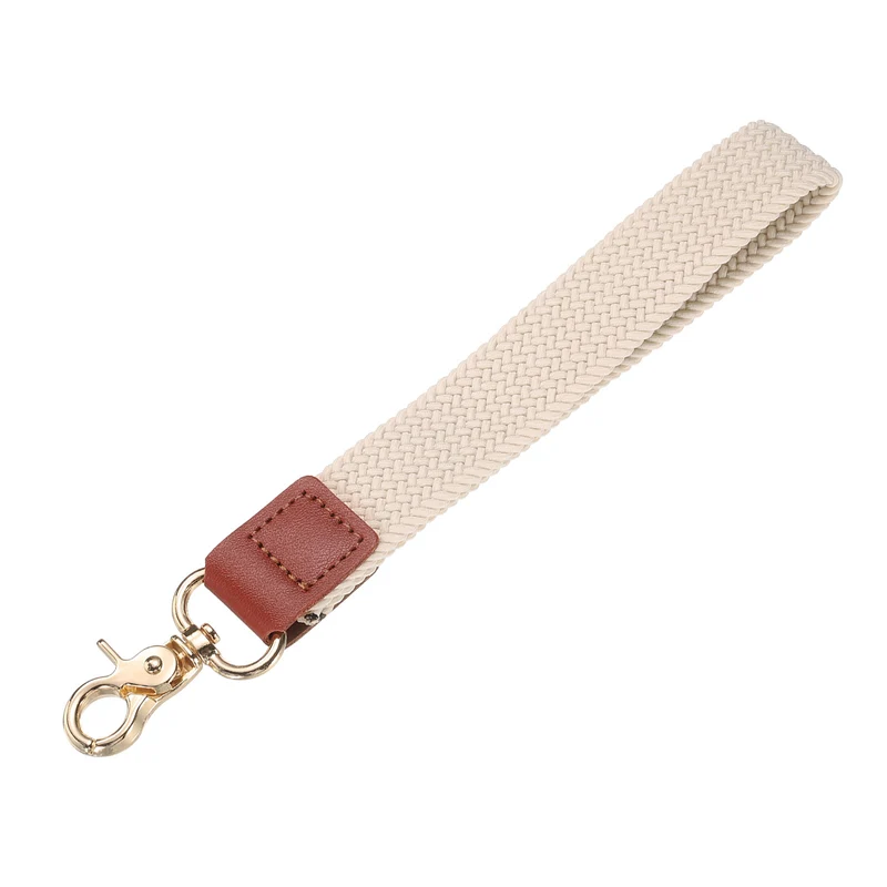 Wrist Lanyard Keychain, Braided Wristlet Strap with Gold Clasp, Beige