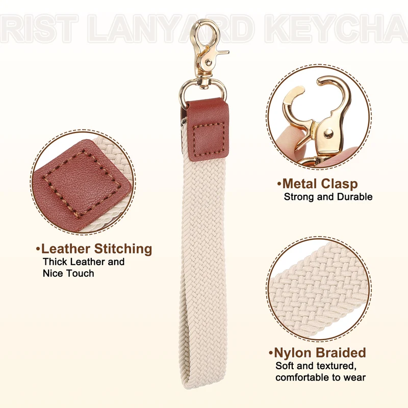 Wrist Lanyard Keychain, Braided Wristlet Strap with Gold Clasp, Beige