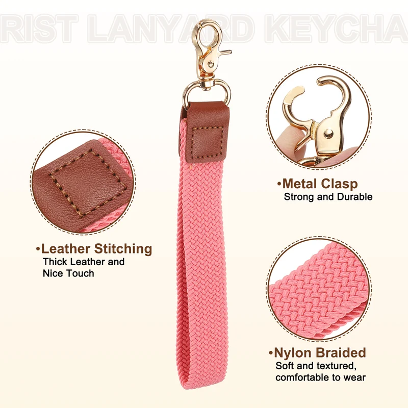 Wrist Lanyard Keychain, Braided Wristlet Strap with Gold Clasp, Pink