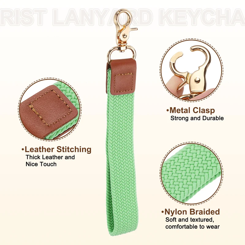 Wrist Lanyard Keychain, Braided Wristlet Strap with Gold Clasp, Green