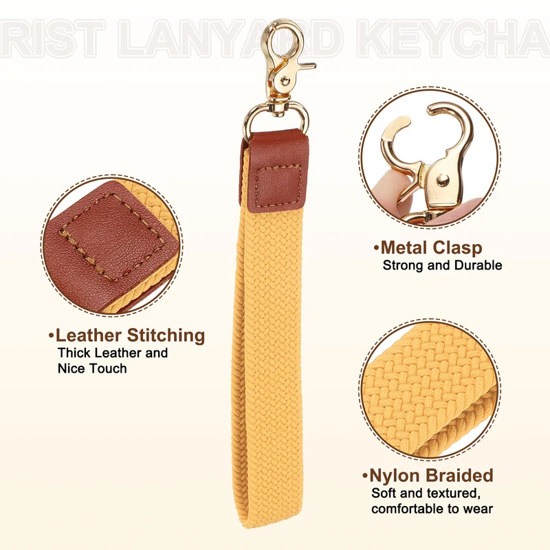 Wrist Lanyard Keychain, Braided Wristlet Strap with Gold Clasp, Yellow