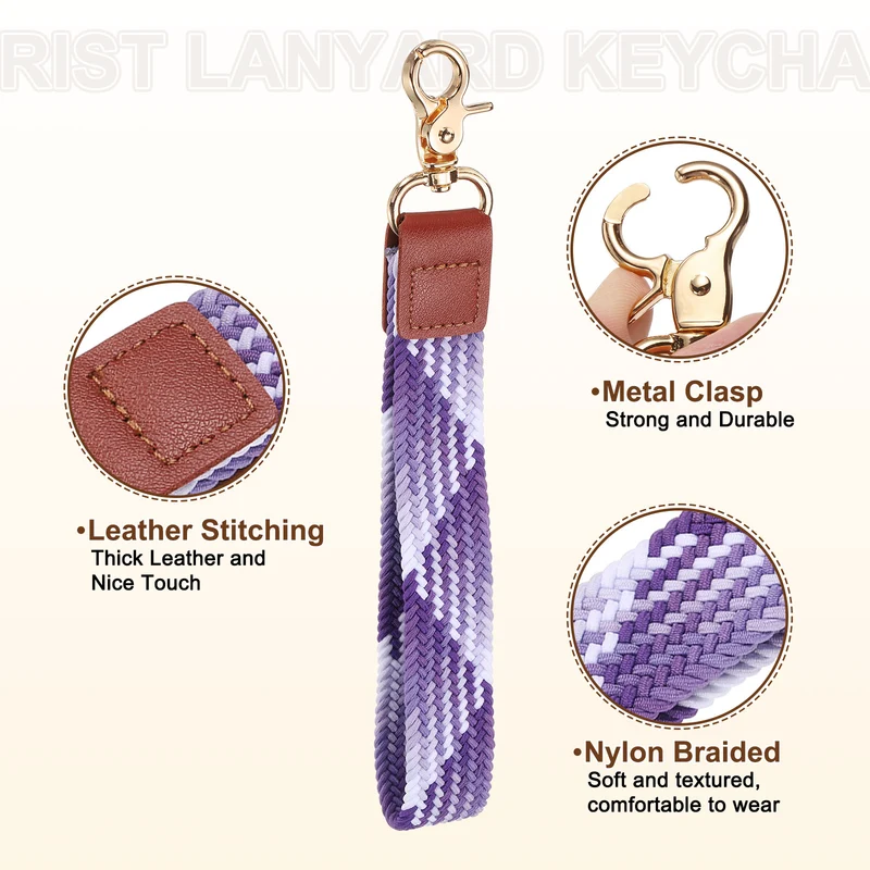 Wrist Lanyard Keychain, Braided Wristlet Strap with Gold Clasp, Gradient Purple