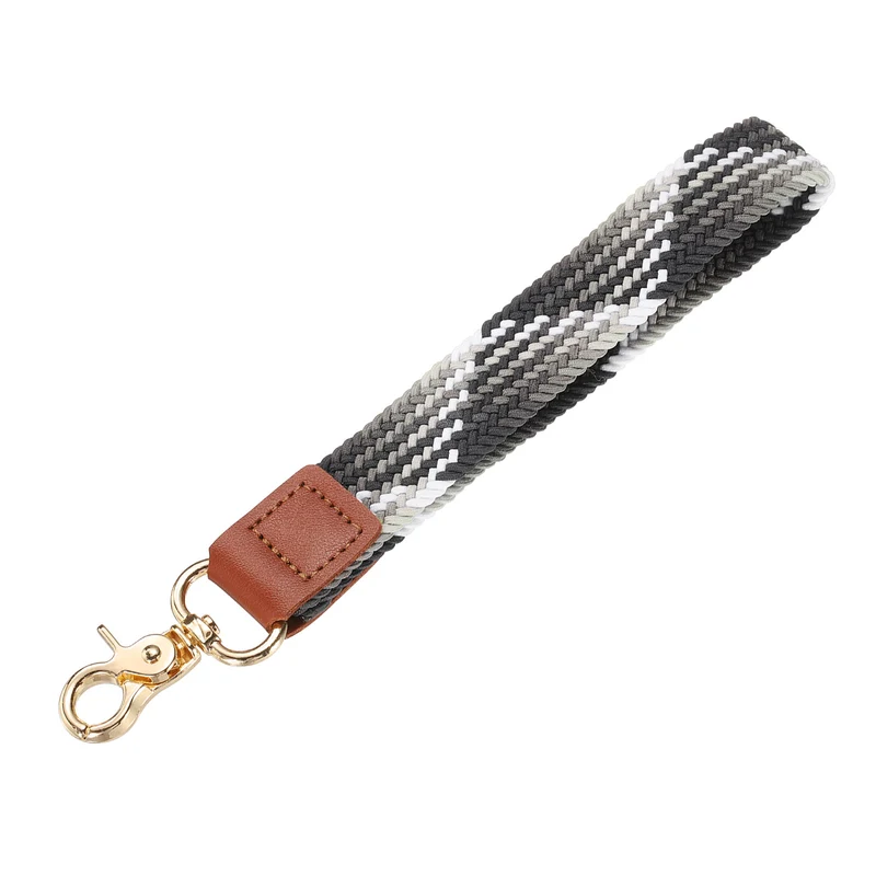 Wrist Lanyard Keychain, Braided Wristlet Strap with Gold Clasp, Gray White
