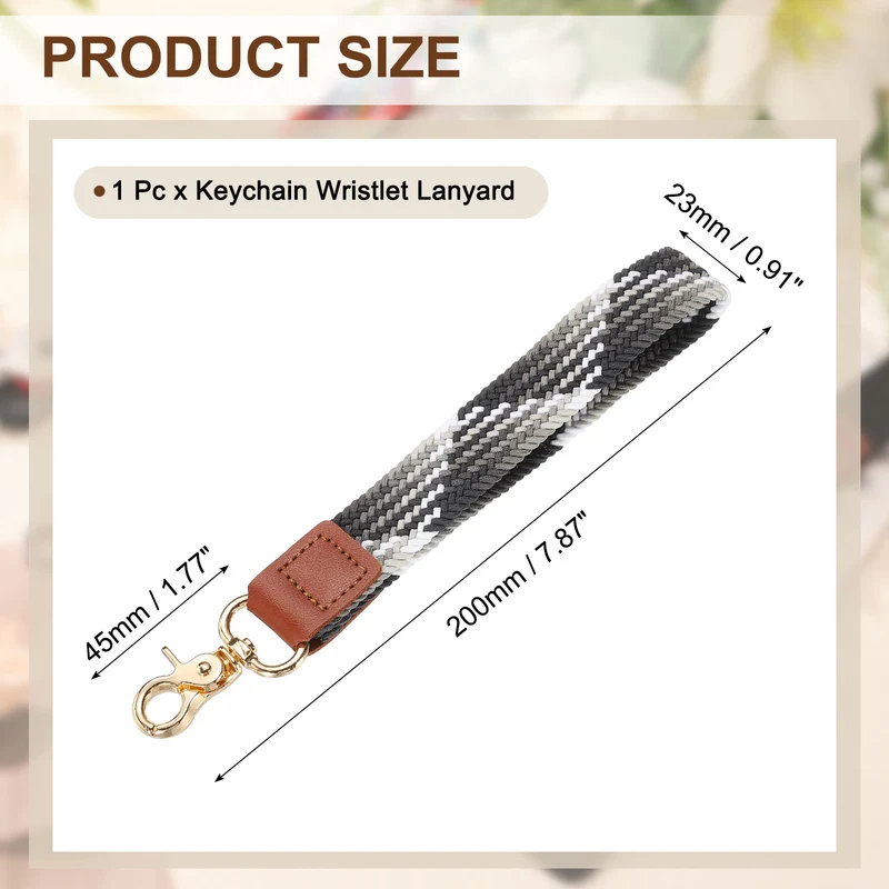 Wrist Lanyard Keychain, Braided Wristlet Strap with Gold Clasp, Gray White