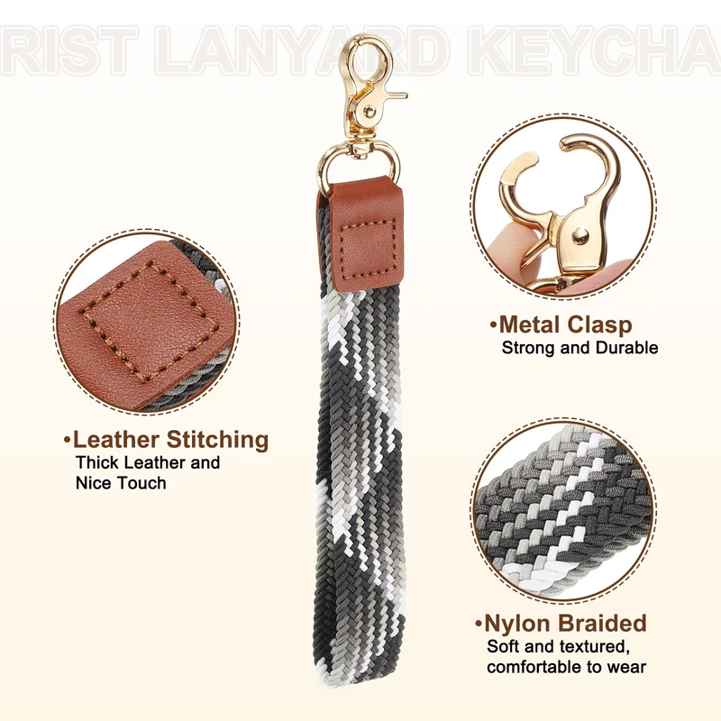 Wrist Lanyard Keychain, Braided Wristlet Strap with Gold Clasp, Gray White