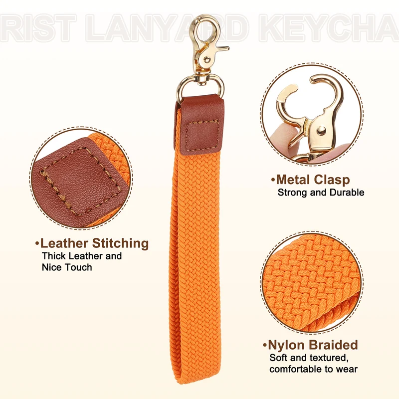 Wrist Lanyard Keychain, Braided Wristlet Strap with Gold Clasp, Orange
