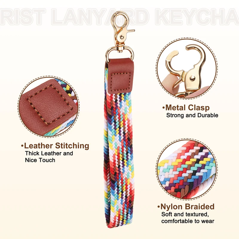 Wrist Lanyard Keychain, Braided Wristlet Strap with Gold Clasp, Rainbow