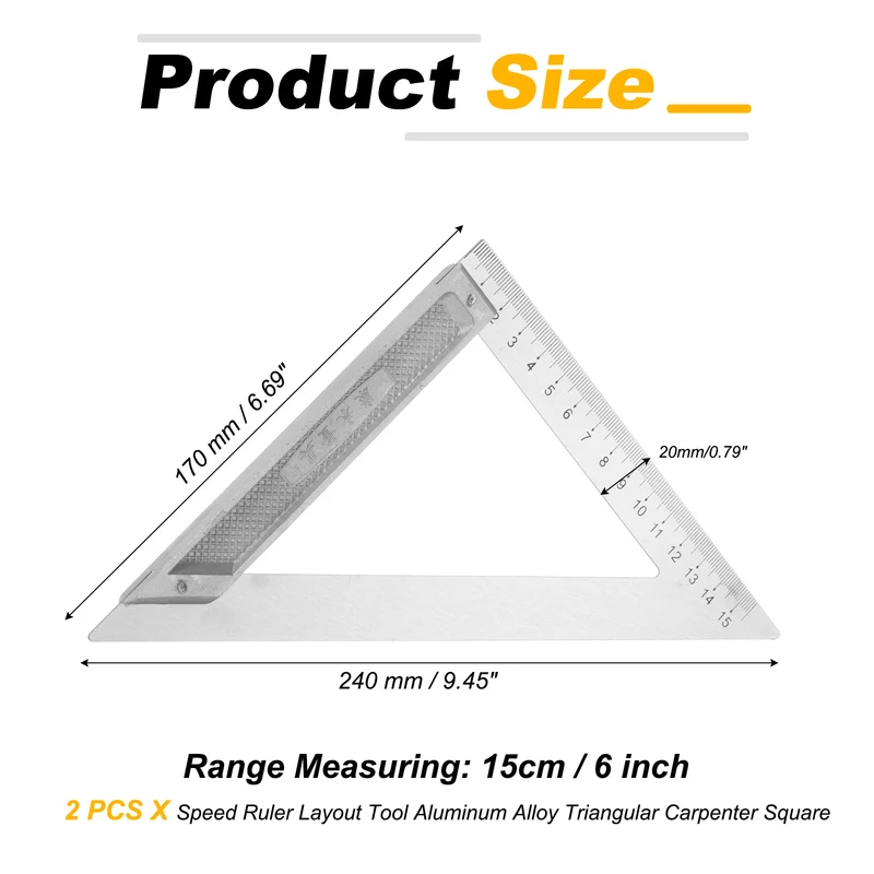 2Pcs 6" Speed Ruler Layout Tool Aluminum Alloy Triangular Carpenter Square