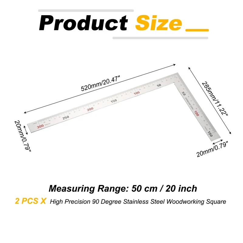 2Pcs 12 Inch High Precision 90 Degree Stainless Steel Woodworking Square, Silver