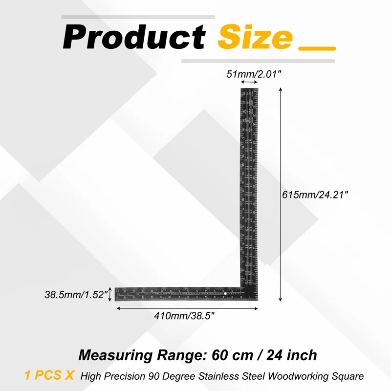 24" High Precision 90 Degree Stainless Steel Woodworking Square, Black