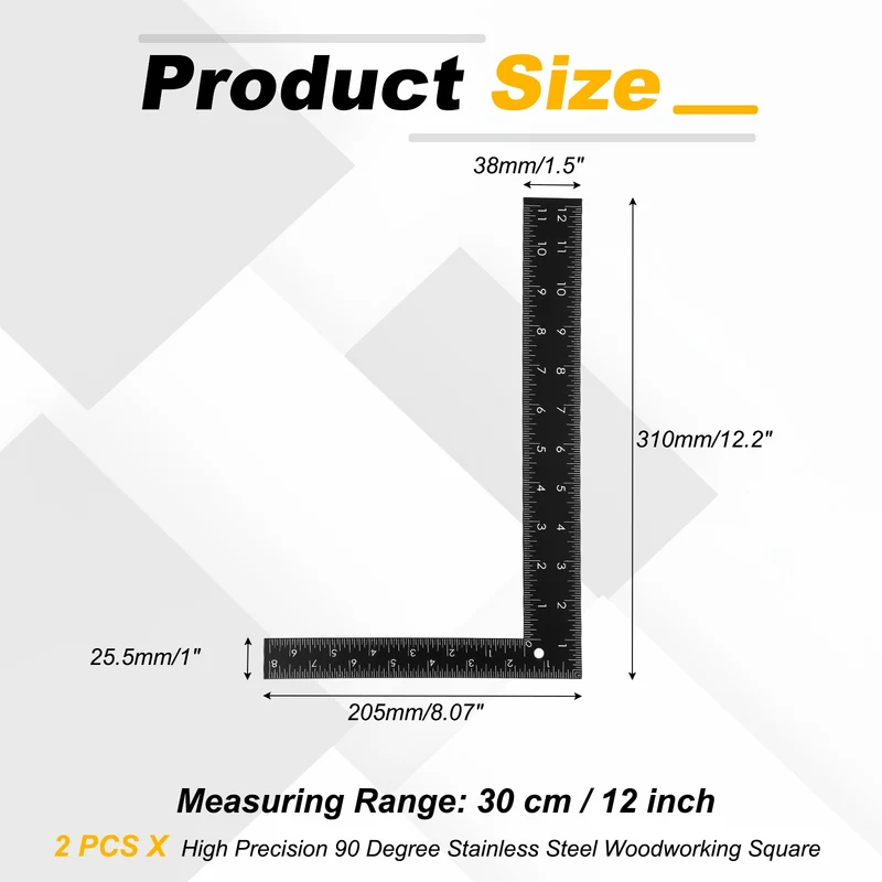 2Pcs 12" High Precision 90 Degree Stainless Steel Woodworking Square, Black