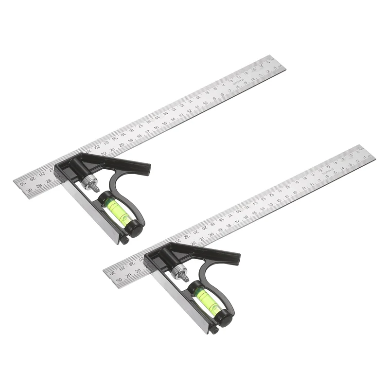 2Pcs Combination Square Ruler 12" / 300mm Carpenter Combo Square, Silver