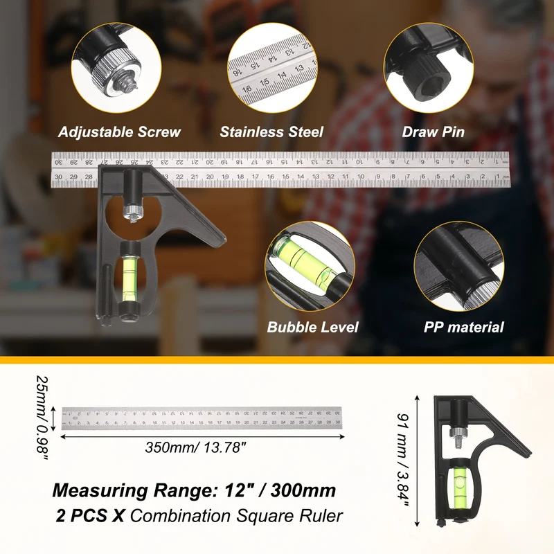 2Pcs Combination Square Ruler 12" / 300mm Carpenter Combo Square, Silver