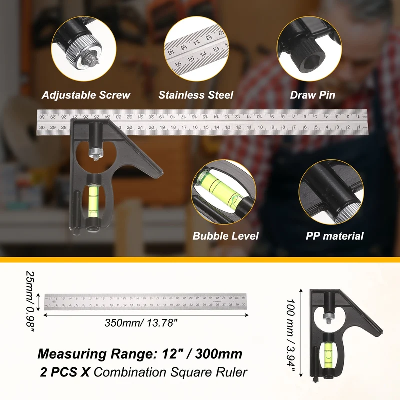 2Pcs Combination Square Ruler 12" / 300mm Carpenter Combo Squares, Silver