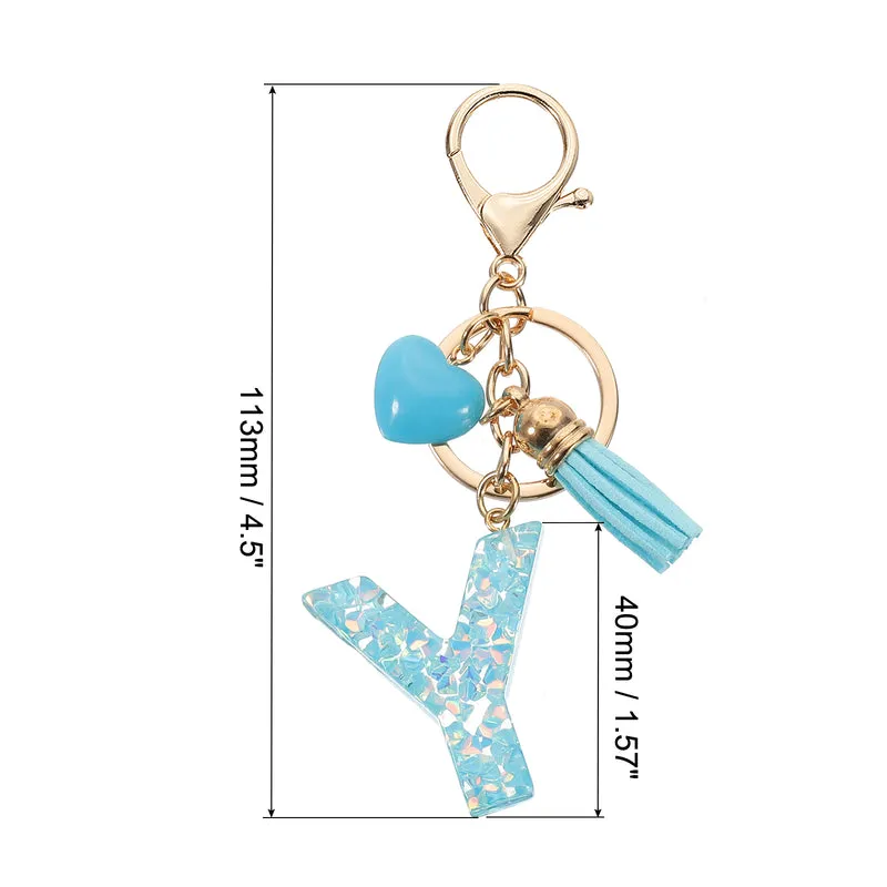 Initial Letter Keychain, Letter Y Heart Design Charm with Tassels, Blue